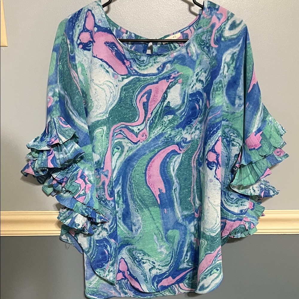 JODIFL Blue and Pink Marble Ruffle Sleeve Blouse